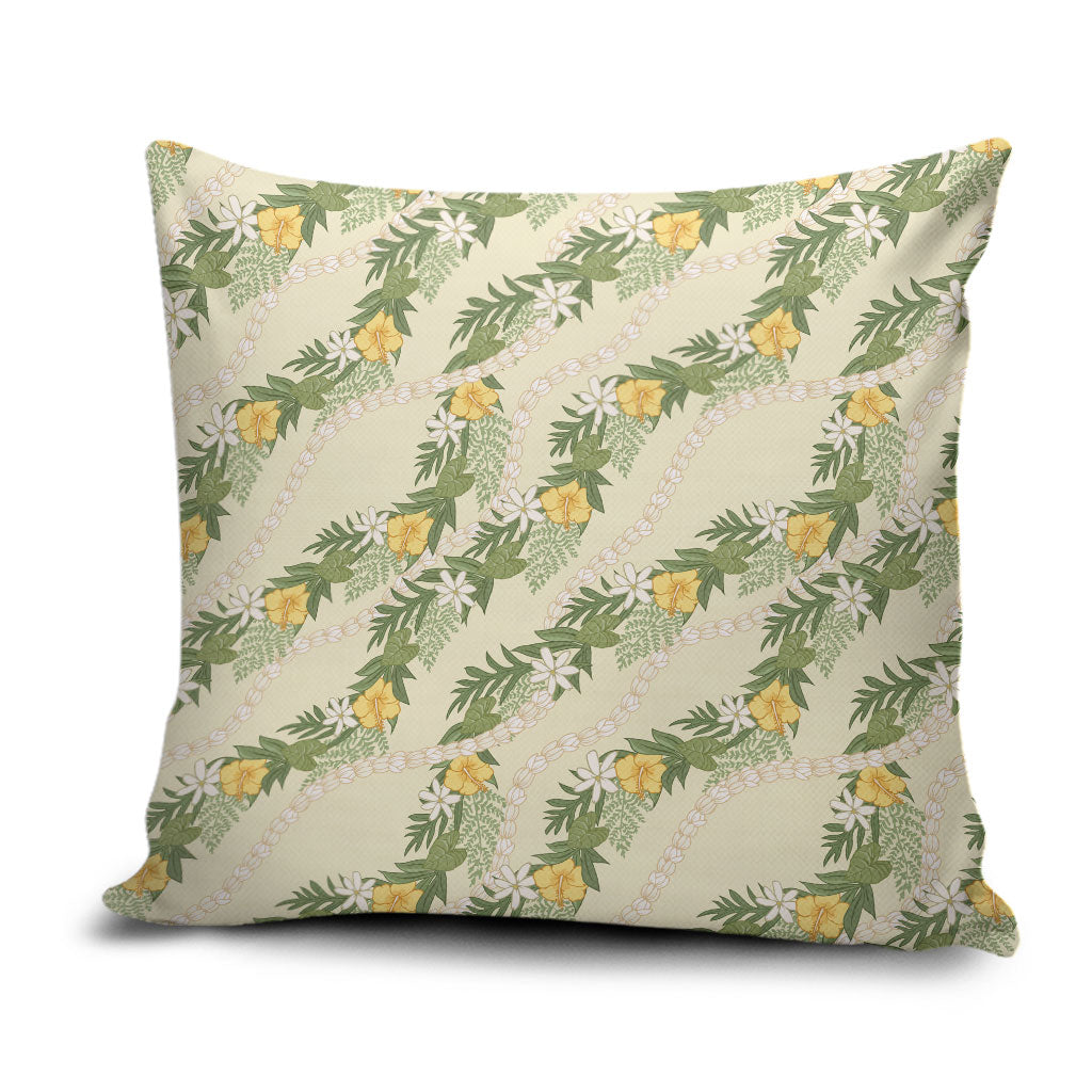 Hawaiian Pikake Maile Lei Pillow Cover Tiare Hibiscus Kalo Palapalai Leaf Beige