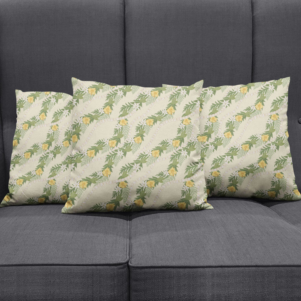 Hawaiian Pikake Maile Lei Pillow Cover Tiare Hibiscus Kalo Palapalai Leaf Beige