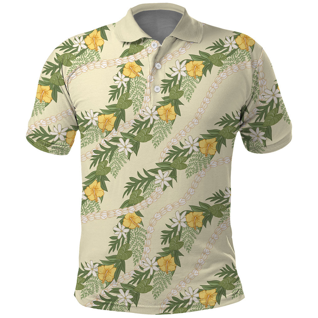 Hawaiian Pikake Maile Lei Polo Shirt Tiare Hibiscus Kalo Palapalai Leaf Beige LT19 Beige - Polynesian Pride