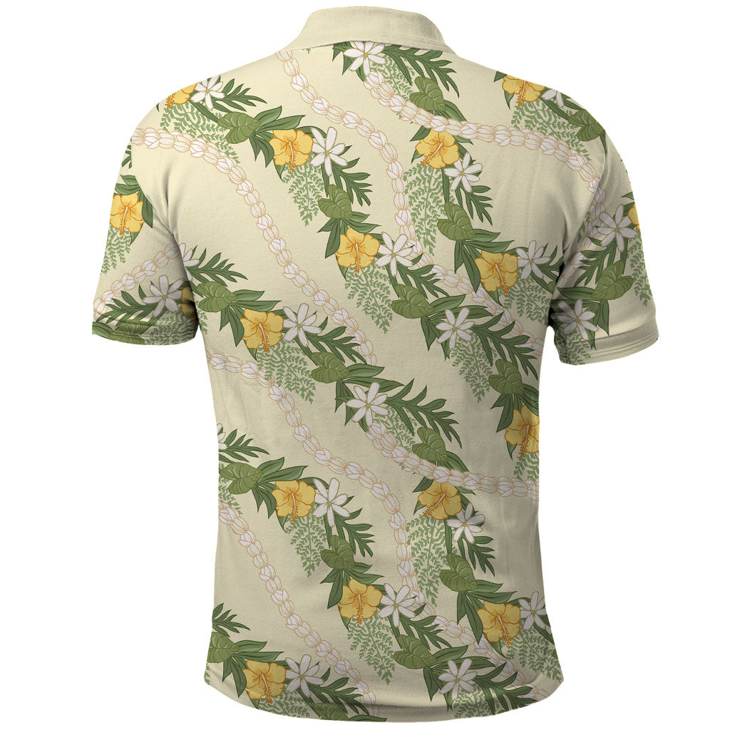 Hawaiian Pikake Maile Lei Polo Shirt Tiare Hibiscus Kalo Palapalai Leaf Beige LT19 - Polynesian Pride
