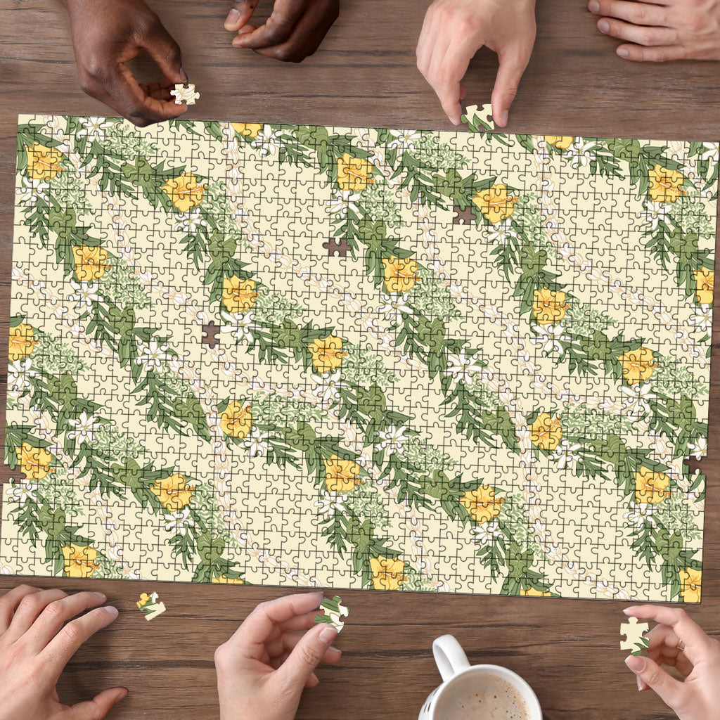 Hawaiian Pikake Maile Lei Puzzle Tiare Hibiscus Kalo Palapalai Leaf Beige