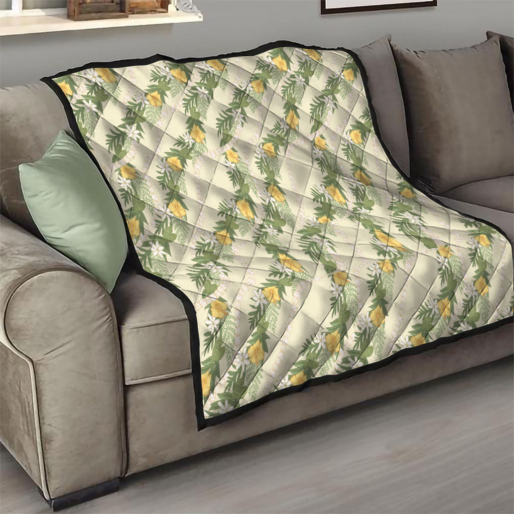 Hawaiian Pikake Maile Lei Quilt Tiare Hibiscus Kalo Palapalai Leaf Beige