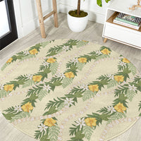 Hawaiian Pikake Maile Lei Round Carpet Tiare Hibiscus Kalo Palapalai Leaf Beige