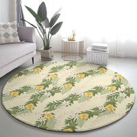 Hawaiian Pikake Maile Lei Round Carpet Tiare Hibiscus Kalo Palapalai Leaf Beige