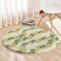 Hawaiian Pikake Maile Lei Round Carpet Tiare Hibiscus Kalo Palapalai Leaf Beige