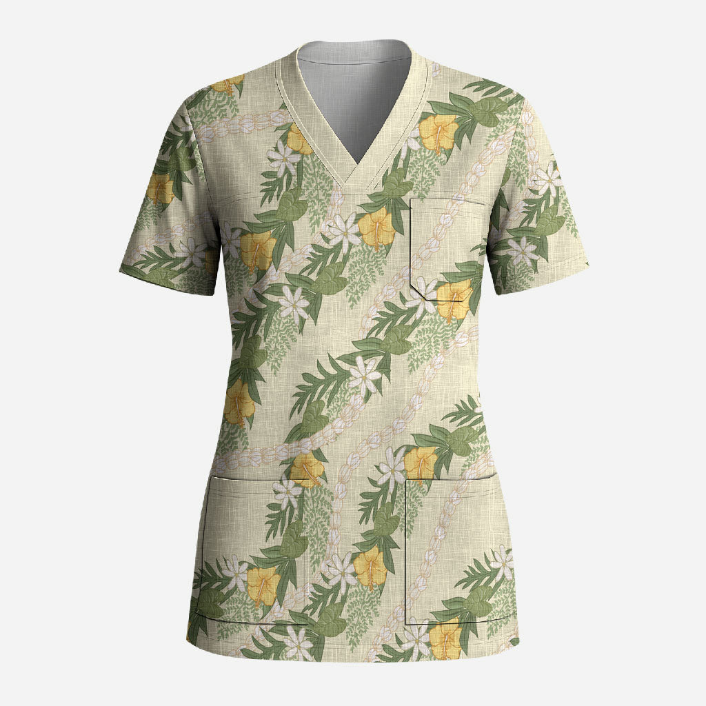 Hawaiian Pikake Maile Lei Scrub Top Tiare Hibiscus Kalo Palapalai Leaf Beige