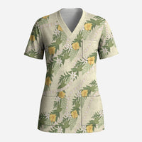 Hawaiian Pikake Maile Lei Scrub Top Tiare Hibiscus Kalo Palapalai Leaf Beige