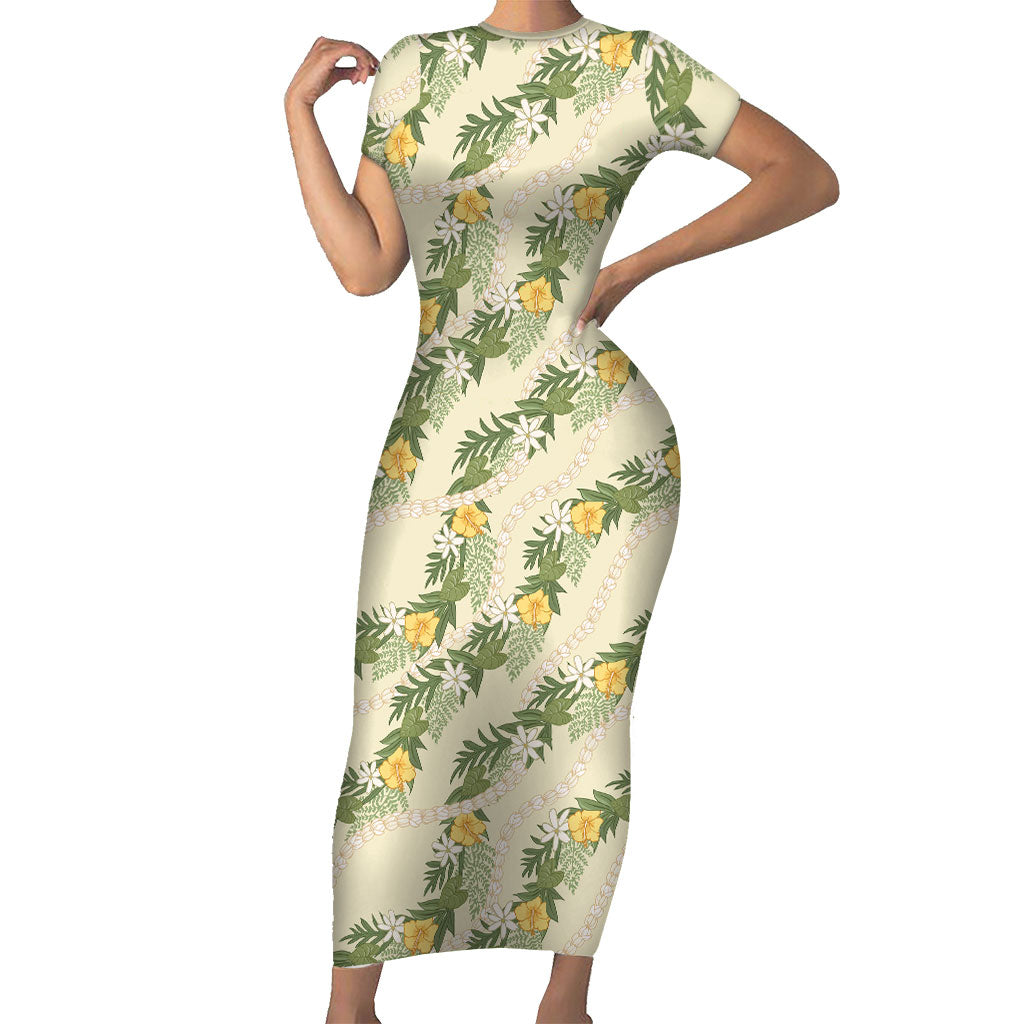 Hawaiian Pikake Maile Lei Short Sleeve Bodycon Dress Tiare Hibiscus Kalo Palapalai Leaf Beige LT19 Long Dress Beige - Polynesian Pride