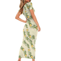Hawaiian Pikake Maile Lei Short Sleeve Bodycon Dress Tiare Hibiscus Kalo Palapalai Leaf Beige LT19 - Polynesian Pride