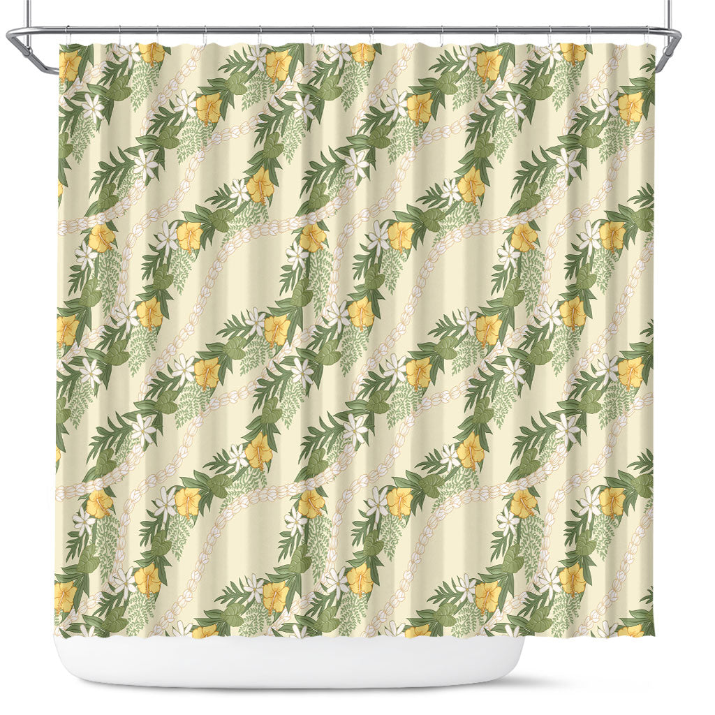 Hawaiian Pikake Maile Lei Shower Curtain Tiare Hibiscus Kalo Palapalai Leaf Beige LT19 Beige - Polynesian Pride