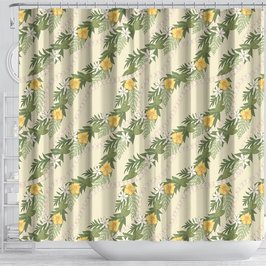 Hawaiian Pikake Maile Lei Shower Curtain Tiare Hibiscus Kalo Palapalai Leaf Beige LT19 - Polynesian Pride