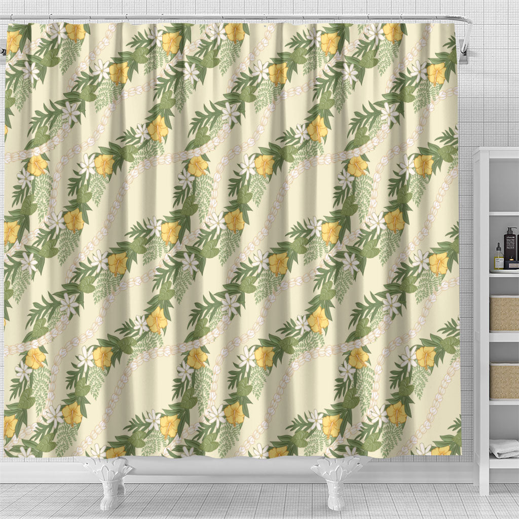 Hawaiian Pikake Maile Lei Shower Curtain Tiare Hibiscus Kalo Palapalai Leaf Beige LT19 - Polynesian Pride