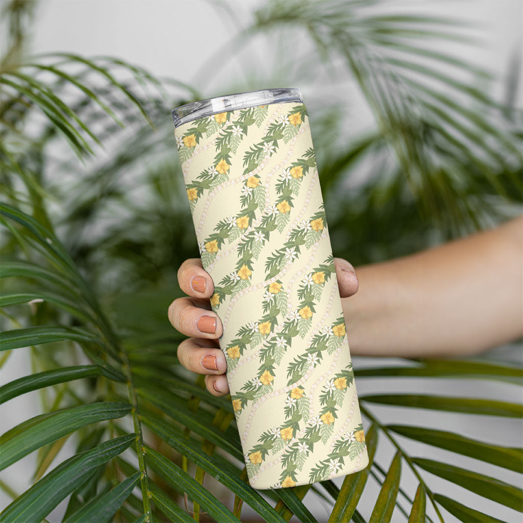 Hawaiian Pikake Maile Lei Skinny Tumbler Tiare Hibiscus Kalo Palapalai Leaf Beige LT19 - Polynesian Pride
