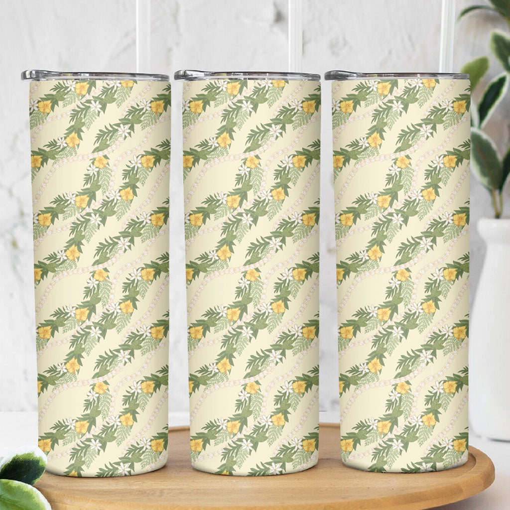 Hawaiian Pikake Maile Lei Skinny Tumbler Tiare Hibiscus Kalo Palapalai Leaf Beige LT19 - Polynesian Pride