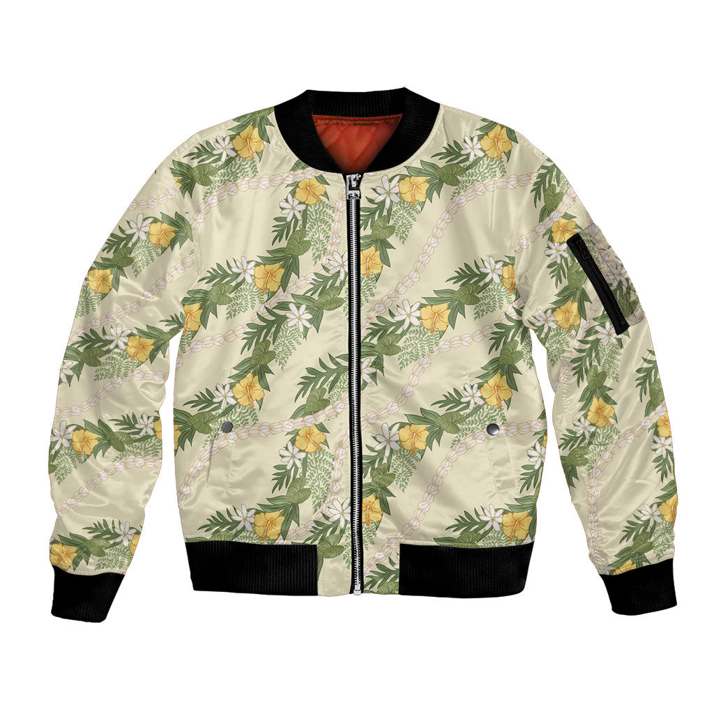 Hawaiian Pikake Maile Lei Sleeve Zip Bomber Jacket Tiare Hibiscus Kalo Palapalai Leaf Beige