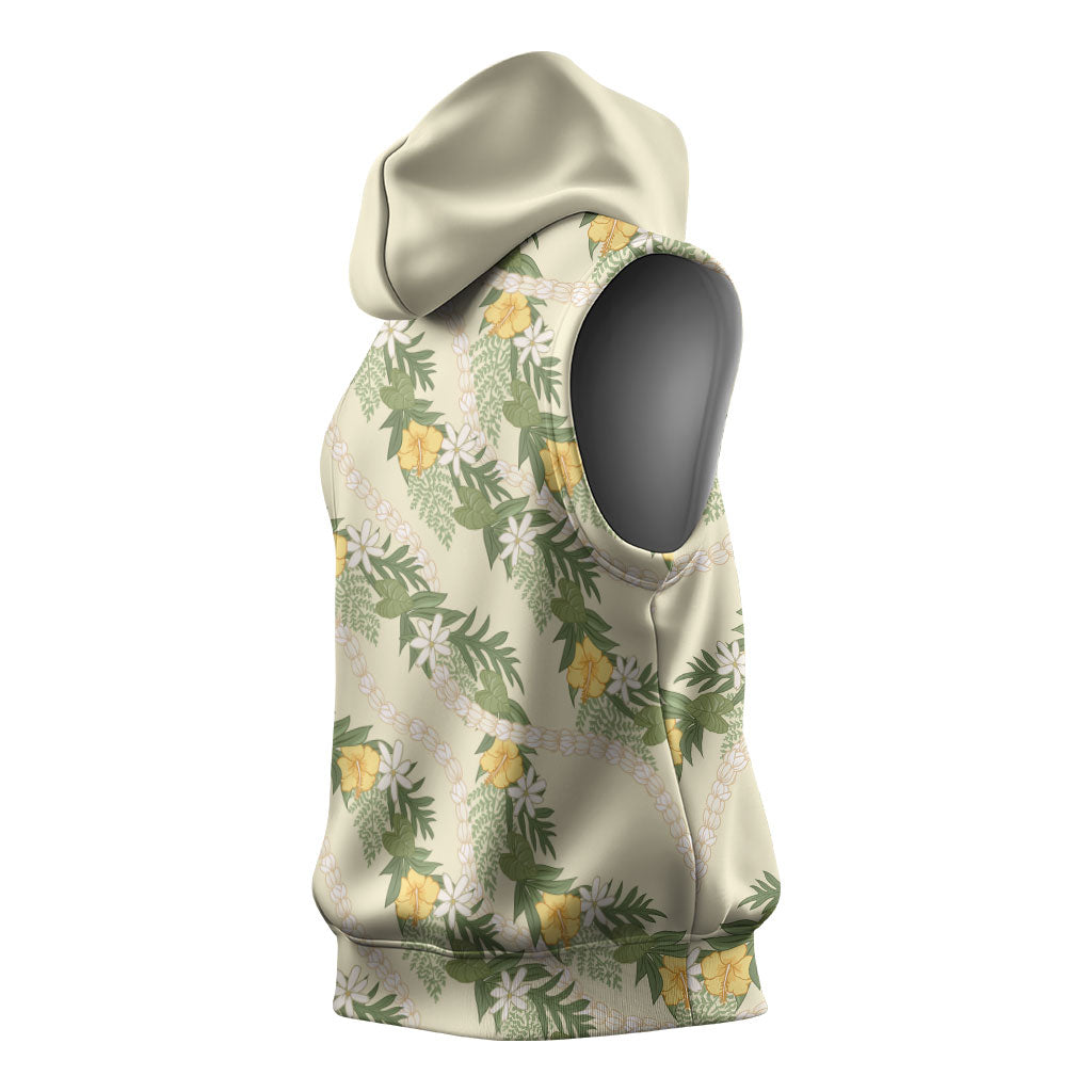 Hawaiian Pikake Maile Lei Sleeveless Hoodie Tiare Hibiscus Kalo Palapalai Leaf Beige LT19 - Polynesian Pride