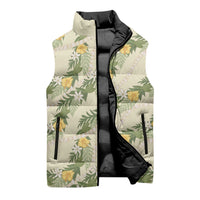 Hawaiian Pikake Maile Lei Sleeveless Puffer Jacket Tiare Hibiscus Kalo Palapalai Leaf Beige