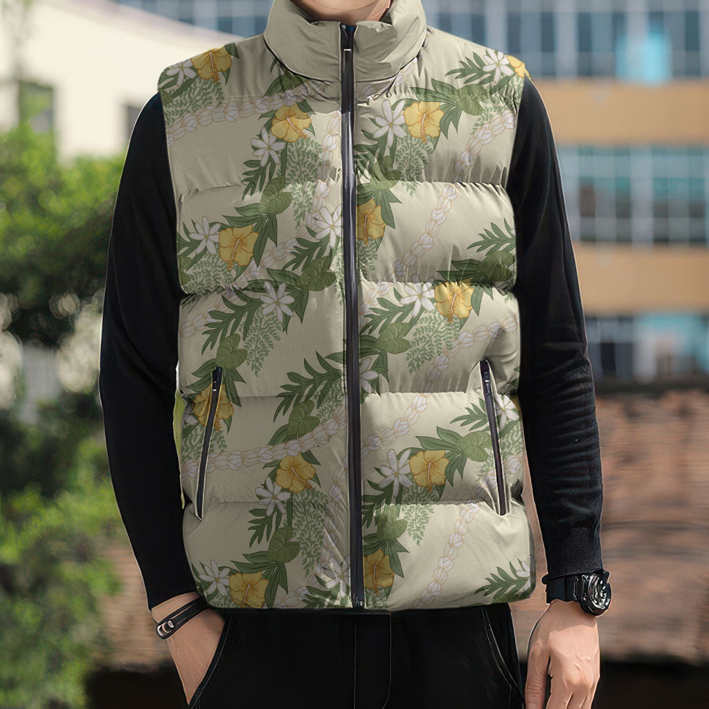 Hawaiian Pikake Maile Lei Sleeveless Puffer Jacket Tiare Hibiscus Kalo Palapalai Leaf Beige