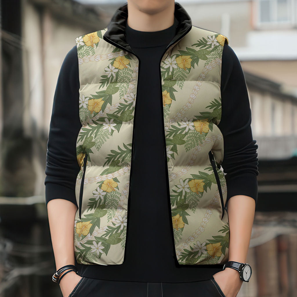 Hawaiian Pikake Maile Lei Sleeveless Puffer Jacket Tiare Hibiscus Kalo Palapalai Leaf Beige