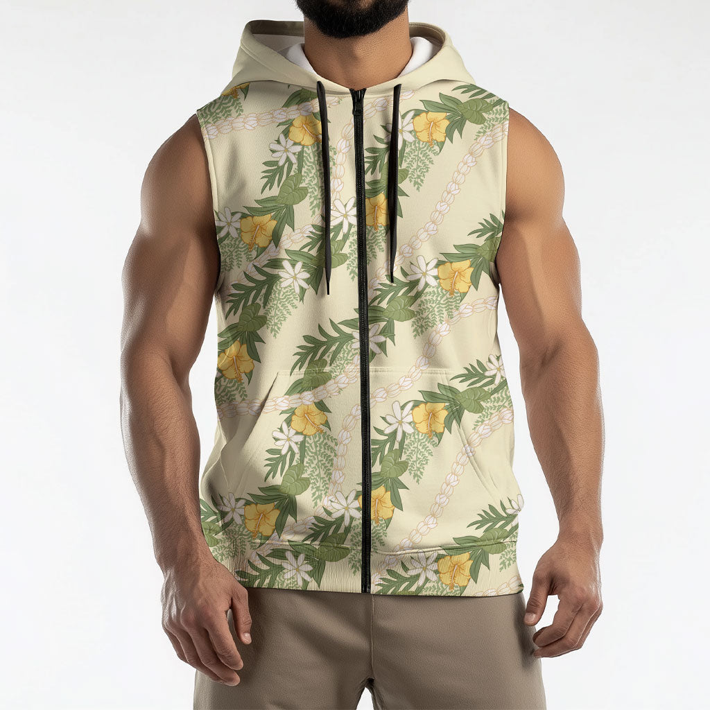 Hawaiian Pikake Maile Lei Sleeveless Zip Hoodie Tiare Hibiscus Kalo Palapalai Leaf Beige LT19 - Polynesian Pride