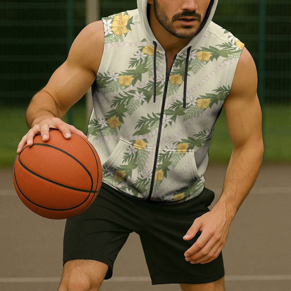 Hawaiian Pikake Maile Lei Sleeveless Zip Hoodie Tiare Hibiscus Kalo Palapalai Leaf Beige LT19 - Polynesian Pride