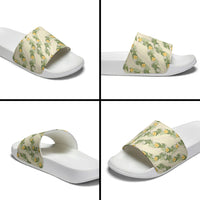 Hawaiian Pikake Maile Lei Slide Sandals Tiare Hibiscus Kalo Palapalai Leaf Beige