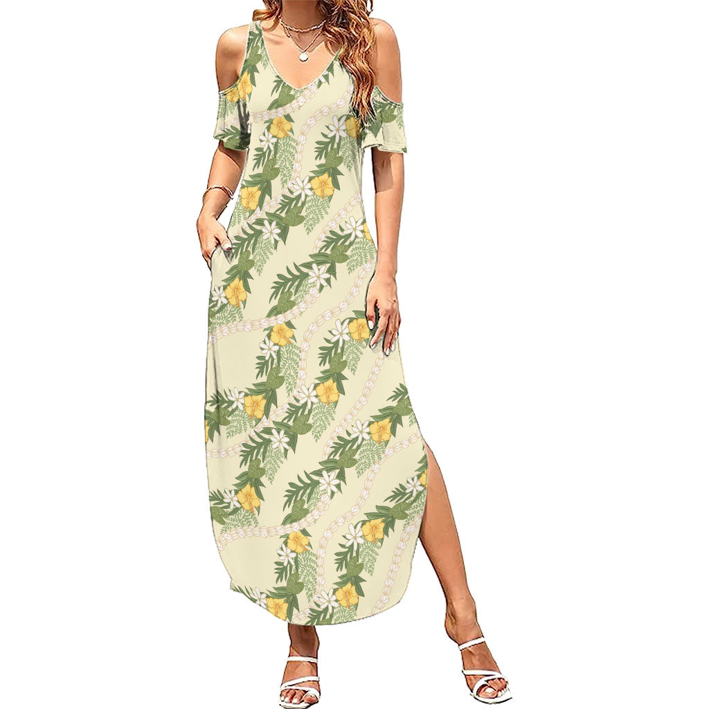 Hawaiian Pikake Maile Lei Summer Maxi Dress Tiare Hibiscus Kalo Palapalai Leaf Beige