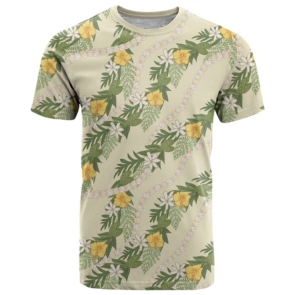 Hawaiian Pikake Maile Lei T Shirt Tiare Hibiscus Kalo Palapalai Leaf Beige LT19 Beige - Polynesian Pride