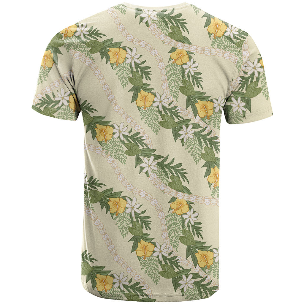 Hawaiian Pikake Maile Lei T Shirt Tiare Hibiscus Kalo Palapalai Leaf Beige LT19 - Polynesian Pride