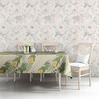 Hawaiian Pikake Maile Lei Tablecloth Tiare Hibiscus Kalo Palapalai Leaf Beige