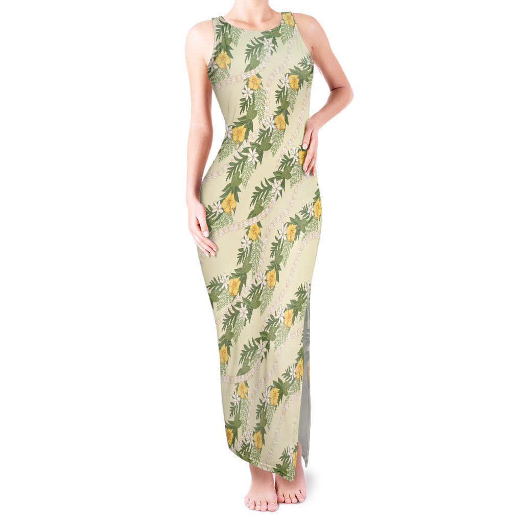Hawaiian Pikake Maile Lei Tank Maxi Dress Tiare Hibiscus Kalo Palapalai Leaf Beige LT19 Women Beige - Polynesian Pride