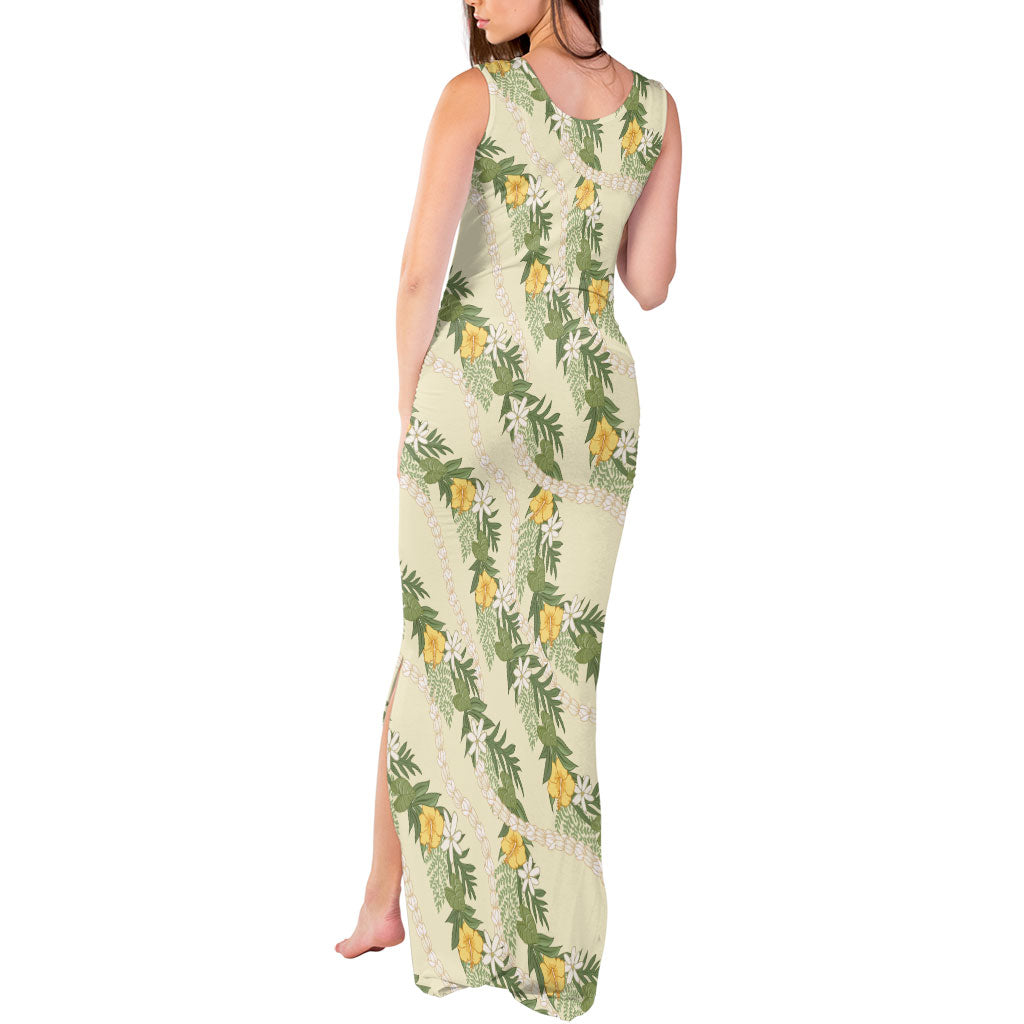 Hawaiian Pikake Maile Lei Tank Maxi Dress Tiare Hibiscus Kalo Palapalai Leaf Beige LT19 - Polynesian Pride