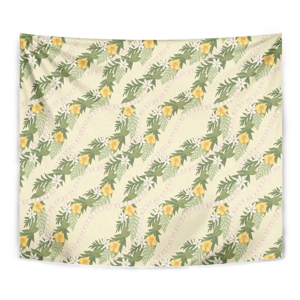 Hawaiian Pikake Maile Lei Tapestry Tiare Hibiscus Kalo Palapalai Leaf Beige
