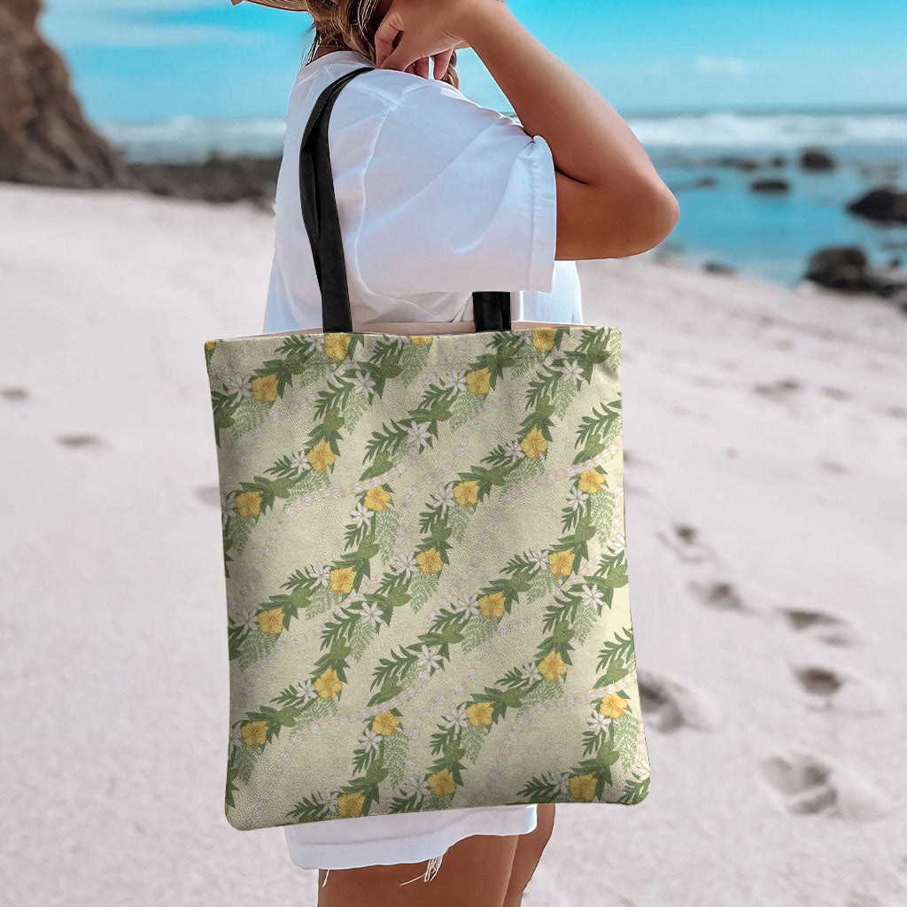 Hawaiian Pikake Maile Lei Tote Bag Tiare Hibiscus Kalo Palapalai Leaf Beige LT19 - Polynesian Pride