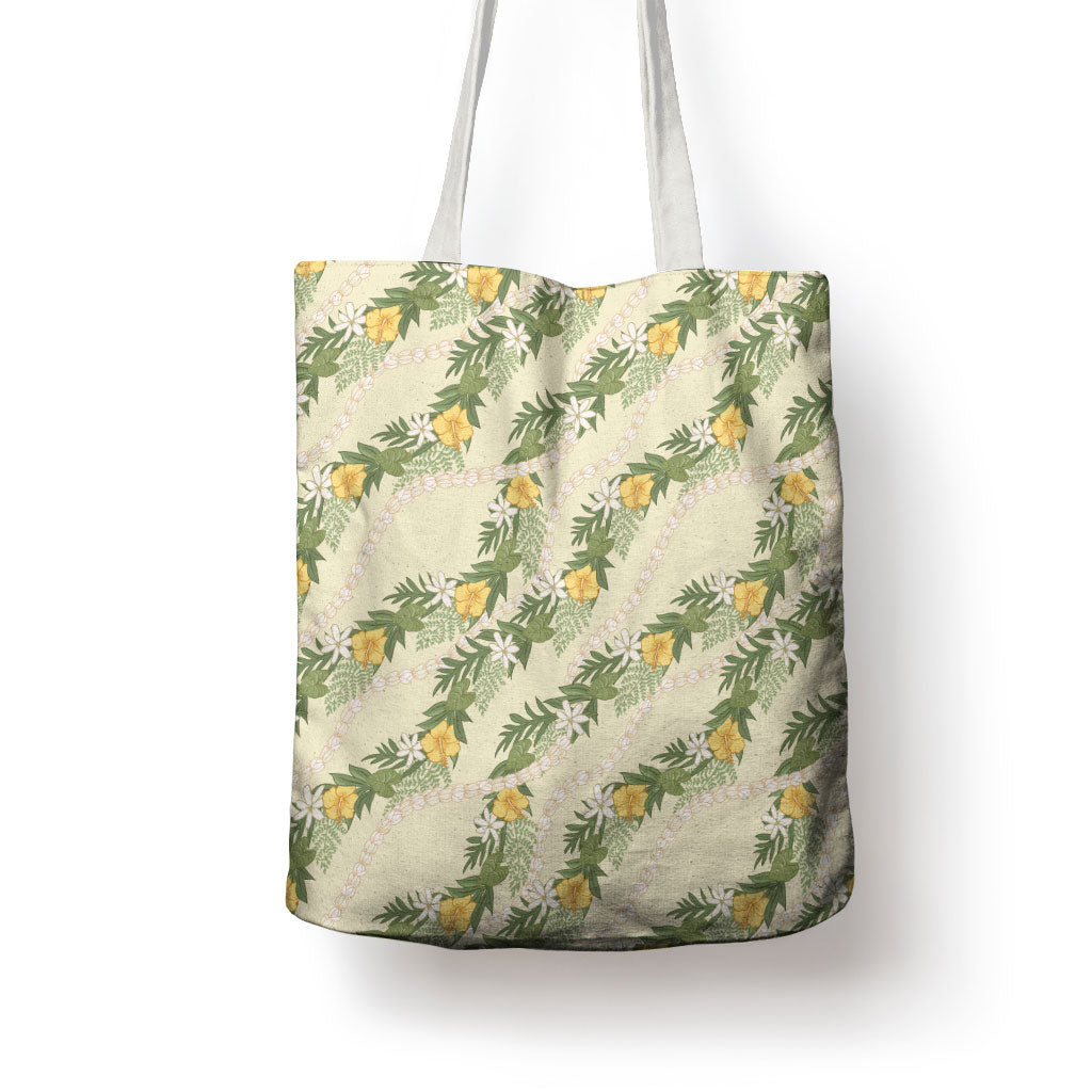 Hawaiian Pikake Maile Lei Tote Bag Tiare Hibiscus Kalo Palapalai Leaf Beige LT19 - Polynesian Pride