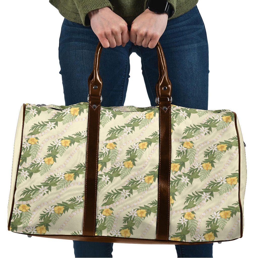 Hawaiian Pikake Maile Lei Travel Bag Tiare Hibiscus Kalo Palapalai Leaf Beige LT19 Beige - Polynesian Pride