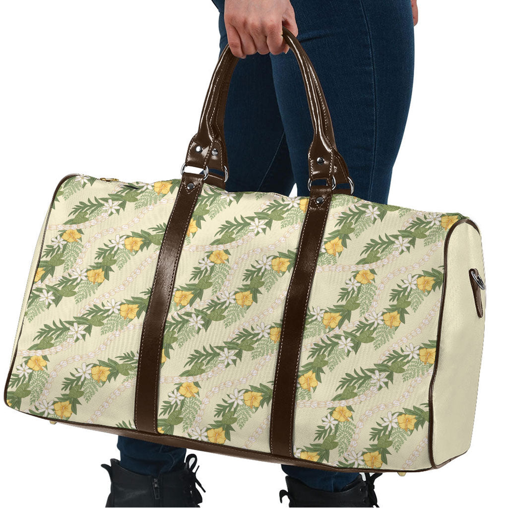 Hawaiian Pikake Maile Lei Travel Bag Tiare Hibiscus Kalo Palapalai Leaf Beige LT19 - Polynesian Pride