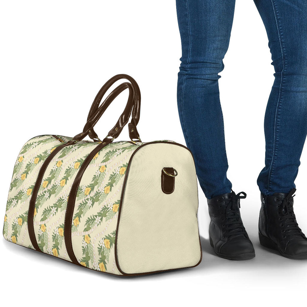 Hawaiian Pikake Maile Lei Travel Bag Tiare Hibiscus Kalo Palapalai Leaf Beige LT19 - Polynesian Pride