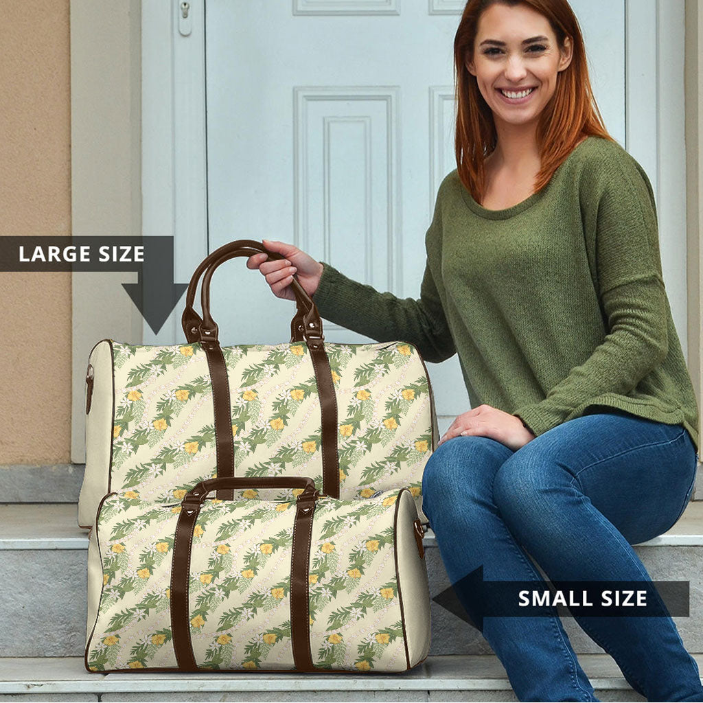 Hawaiian Pikake Maile Lei Travel Bag Tiare Hibiscus Kalo Palapalai Leaf Beige LT19 - Polynesian Pride