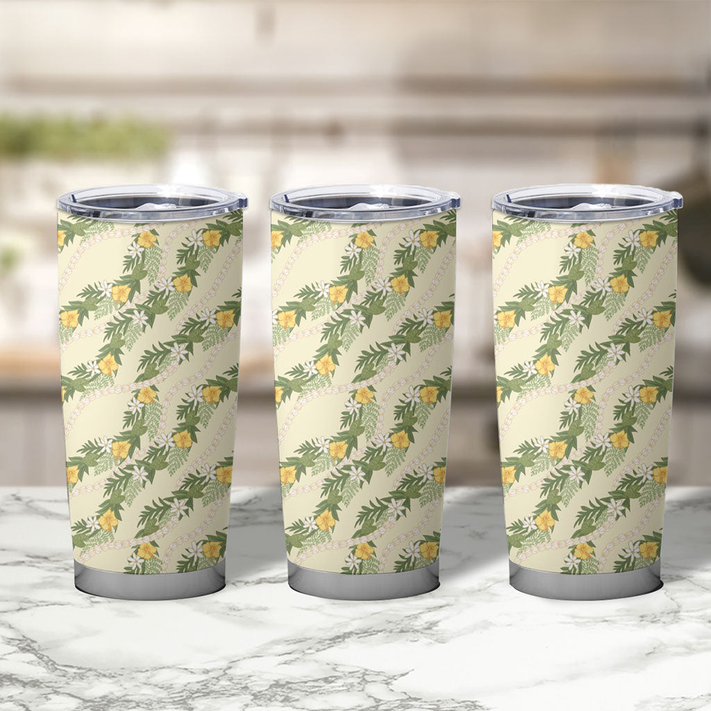 Hawaiian Pikake Maile Lei Tumbler Cup Tiare Hibiscus Kalo Palapalai Leaf Beige LT19 - Polynesian Pride
