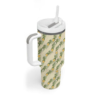 Hawaiian Pikake Maile Lei Tumbler With Handle Tiare Hibiscus Kalo Palapalai Leaf Beige LT19 - Polynesian Pride