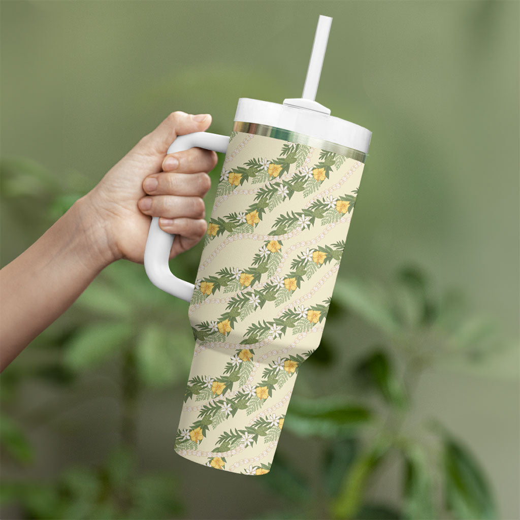 Hawaiian Pikake Maile Lei Tumbler With Handle Tiare Hibiscus Kalo Palapalai Leaf Beige LT19 - Polynesian Pride