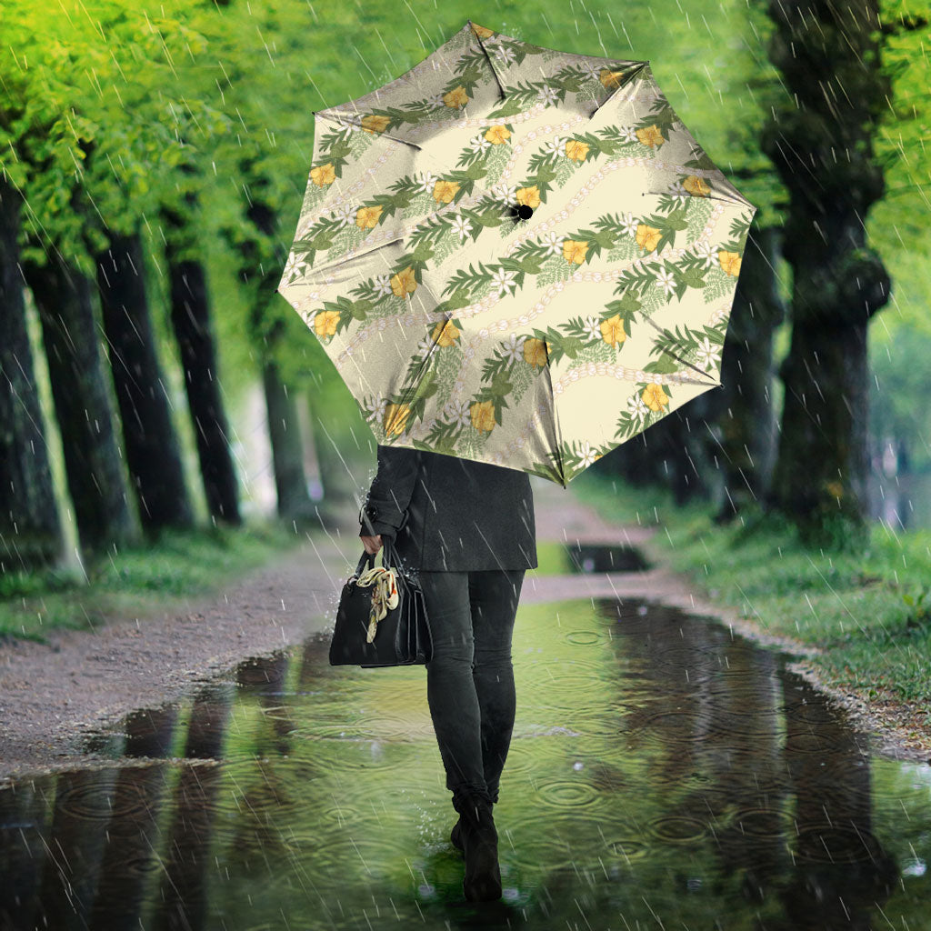 Hawaiian Pikake Maile Lei Umbrella Tiare Hibiscus Kalo Palapalai Leaf Beige