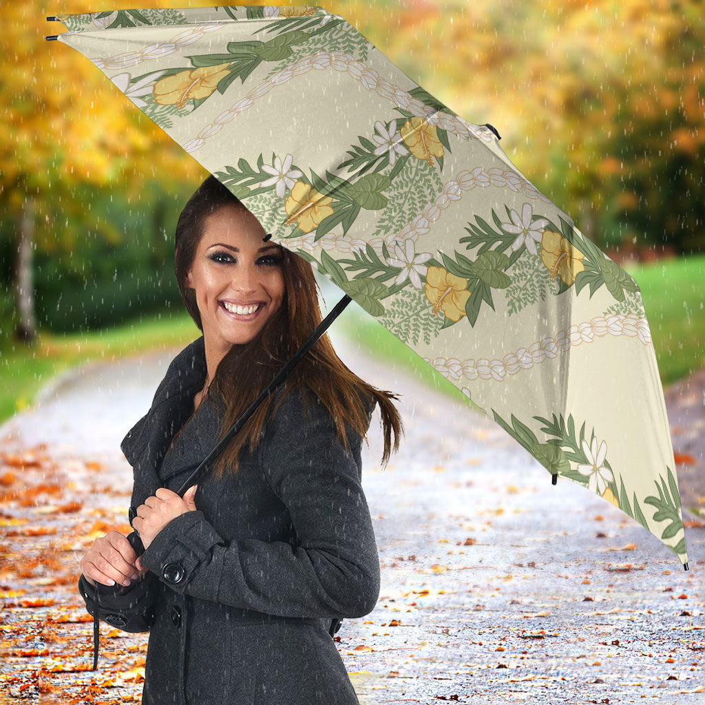 Hawaiian Pikake Maile Lei Umbrella Tiare Hibiscus Kalo Palapalai Leaf Beige