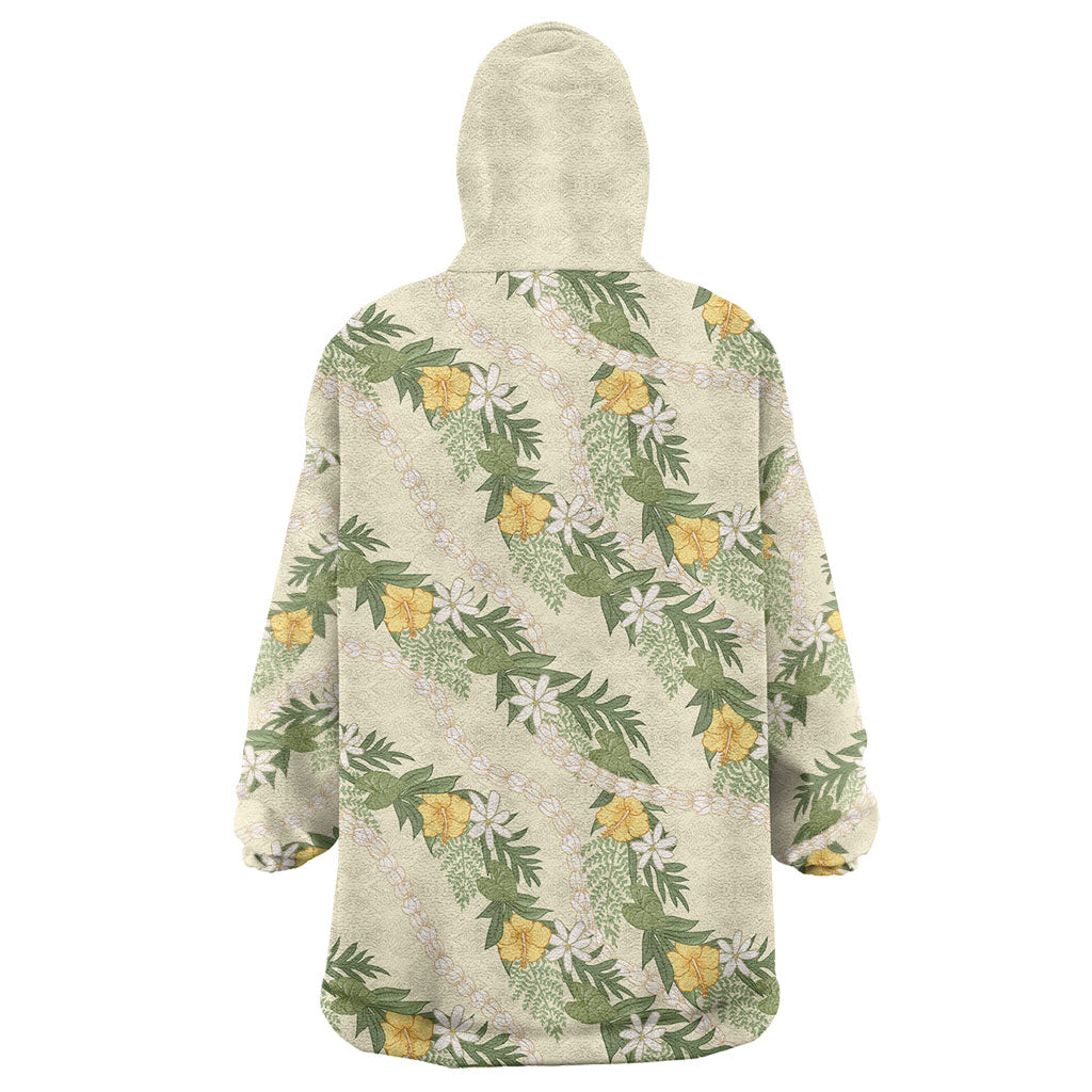 Hawaiian Pikake Maile Lei Wearable Blanket Hoodie Tiare Hibiscus Kalo Palapalai Leaf Beige LT19 - Polynesian Pride