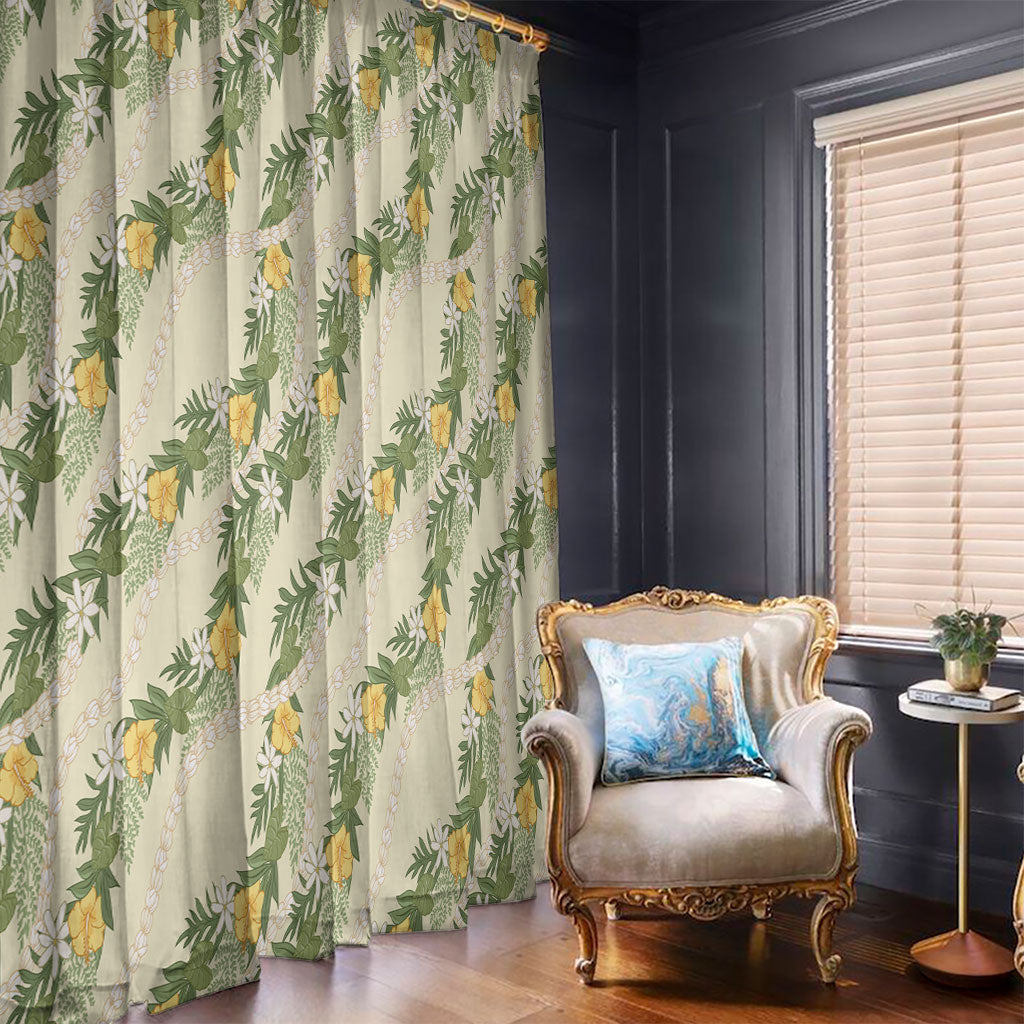 Hawaiian Pikake Maile Lei Window Curtain Tiare Hibiscus Kalo Palapalai Leaf Beige