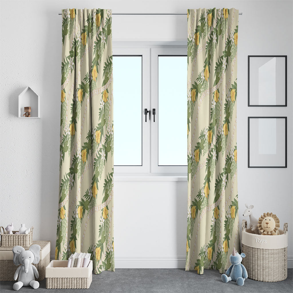 Hawaiian Pikake Maile Lei Window Curtain Tiare Hibiscus Kalo Palapalai Leaf Beige