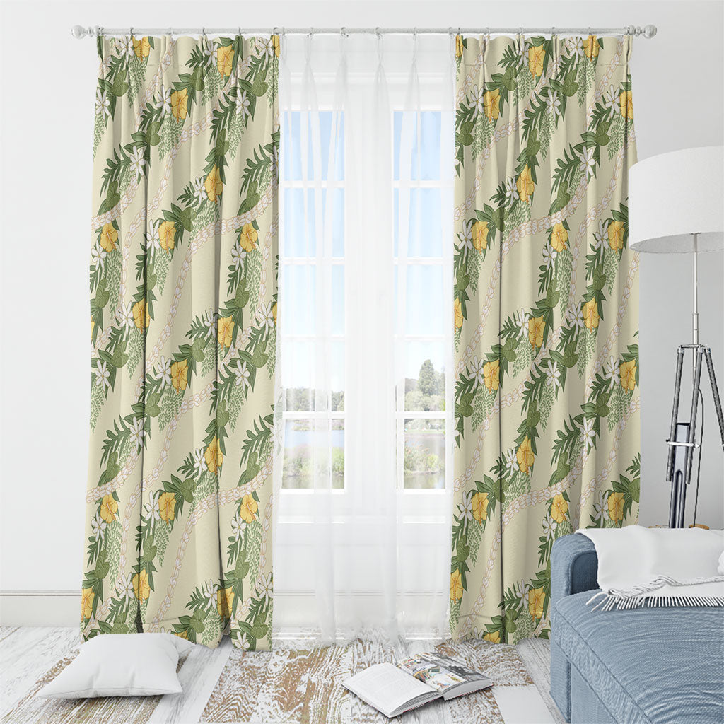 Hawaiian Pikake Maile Lei Window Curtain Tiare Hibiscus Kalo Palapalai Leaf Beige