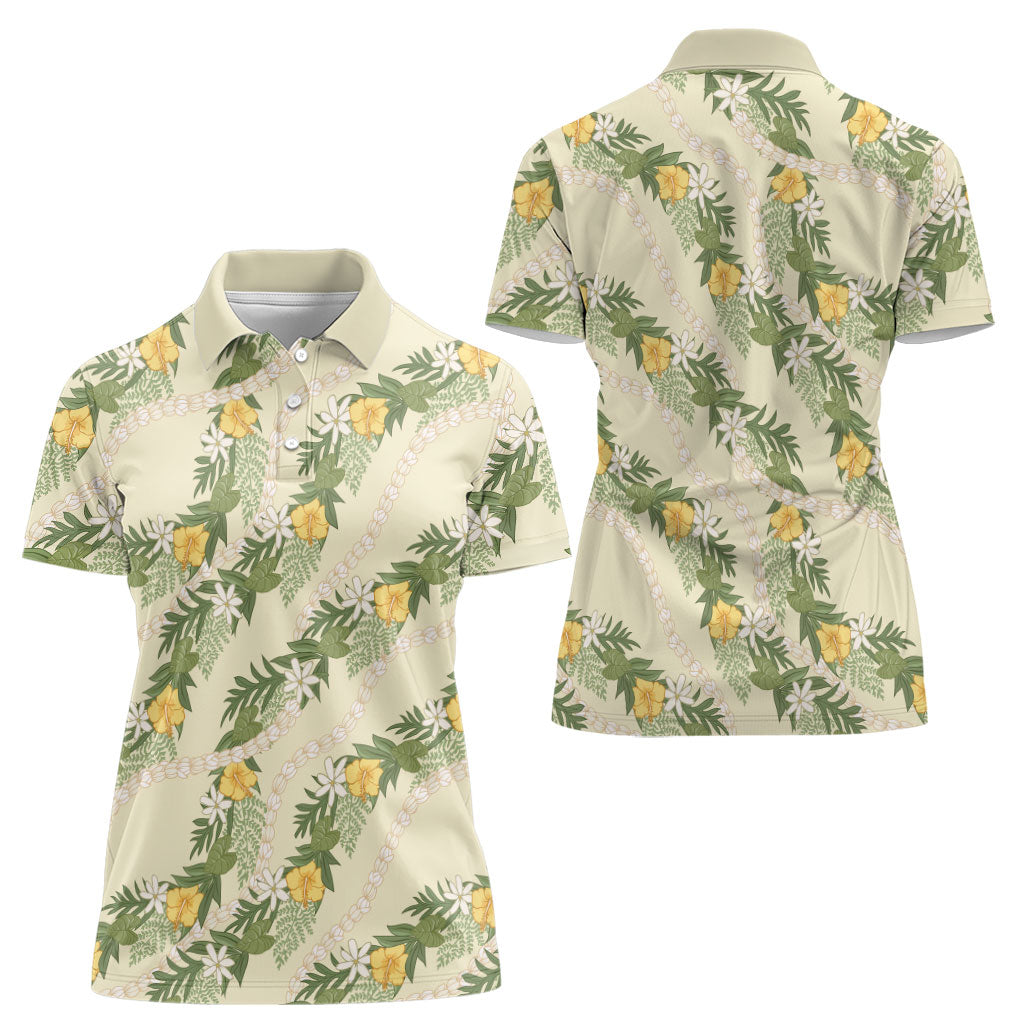 Hawaiian Pikake Maile Lei Women Polo Shirt Tiare Hibiscus Kalo Palapalai Leaf Beige LT19 - Polynesian Pride