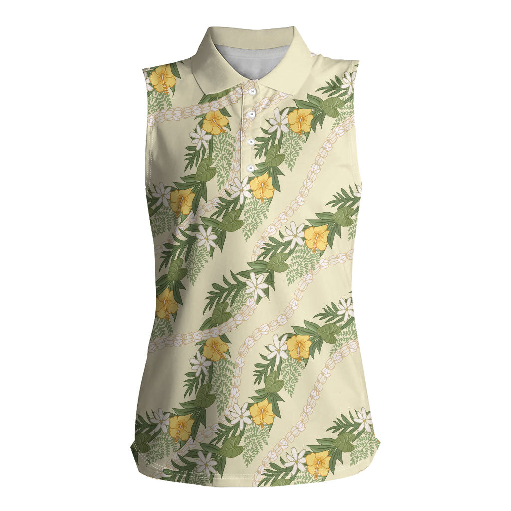 Hawaiian Pikake Maile Lei Women Sleeveless Polo Shirt Tiare Hibiscus Kalo Palapalai Leaf Beige LT19 Female Beige - Polynesian Pride